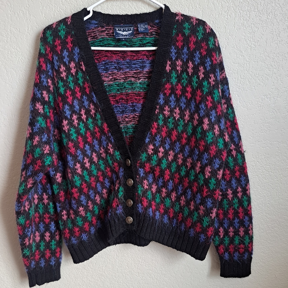 Vintage Colorful Wool Blend Button Down Sweater Size Large